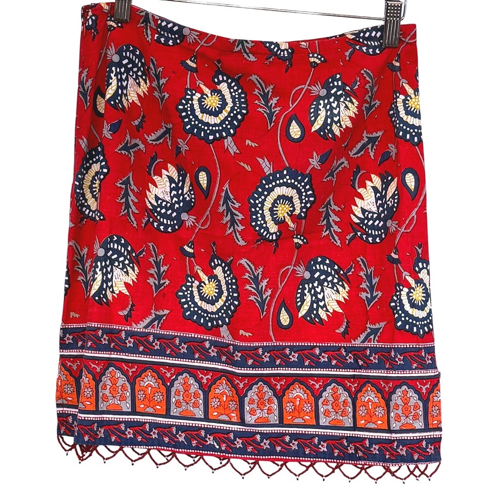 Boho Boston Proper Red‎ Floral Block Print Beaded Hem Cotton Mini Skirt Size 8